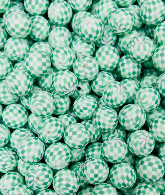 15mm Print Little Green Checker EXCLUSIVE Round Silicone Beads