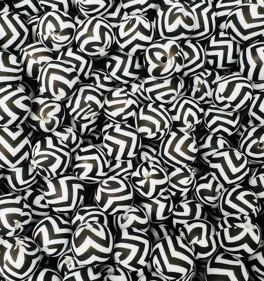 15mm Print Black/White Chevron EXCLUSIVE Round Silicone Beads