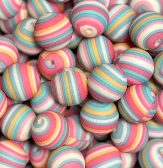 15mm Print Bubblegum Stripe Round Silicone Beads