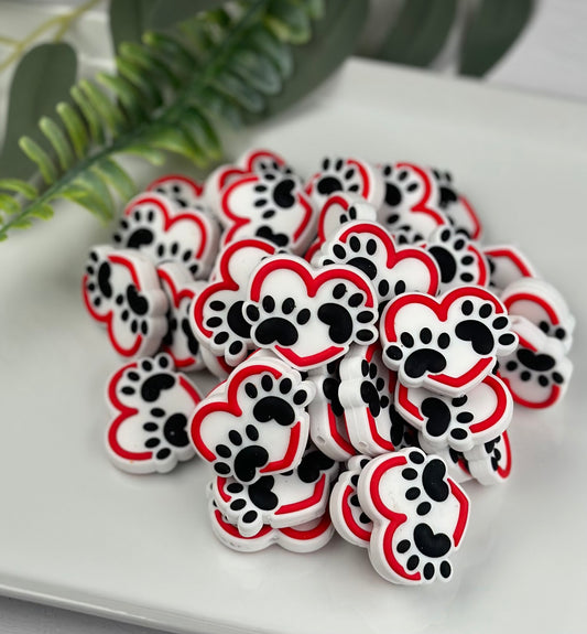 Paw Prints on My Heart Silicone Focal Bead, Heart Shape Silicone Bead