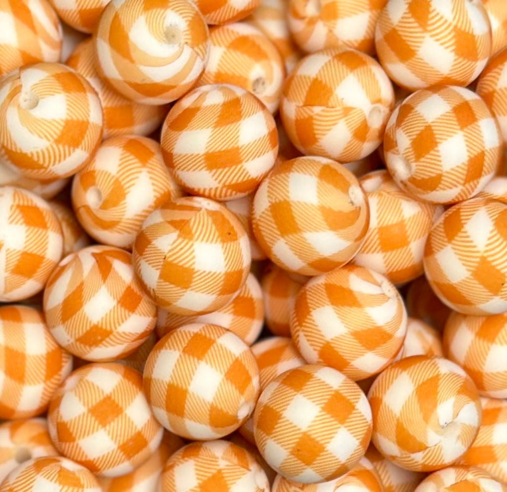 15mm Print Pumpkin Plaid Round Silicone Beads