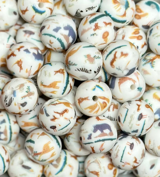 15mm Print Wild Safari Round Silicone Beads