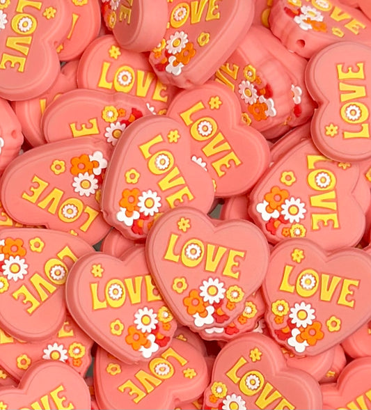 Flower Love Heart Silicone Focal Bead, Heart Shape Silicone Bead