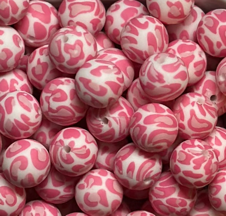 15mm Print Strawberry Cheesecake Leopard Round Silicone Beads