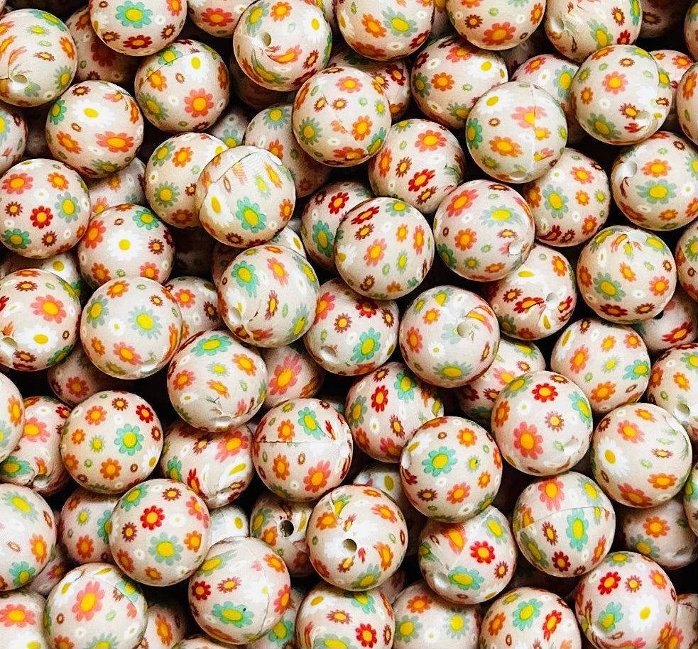 15mm Print Retro Daisies Flowers Round Silicone Beads