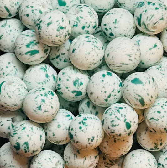 15mm Print Teal Splatter Round Silicone Beads