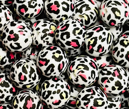 15mm Print Lemonade Leopard Round Animal Silicone Beads