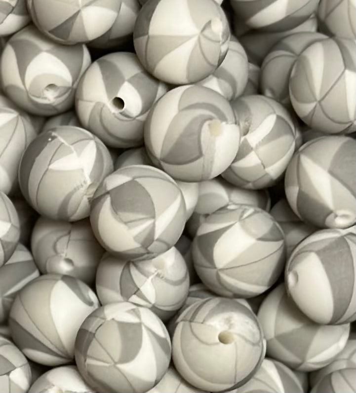 15mm Print Grey Swirls Round Silicone Beads