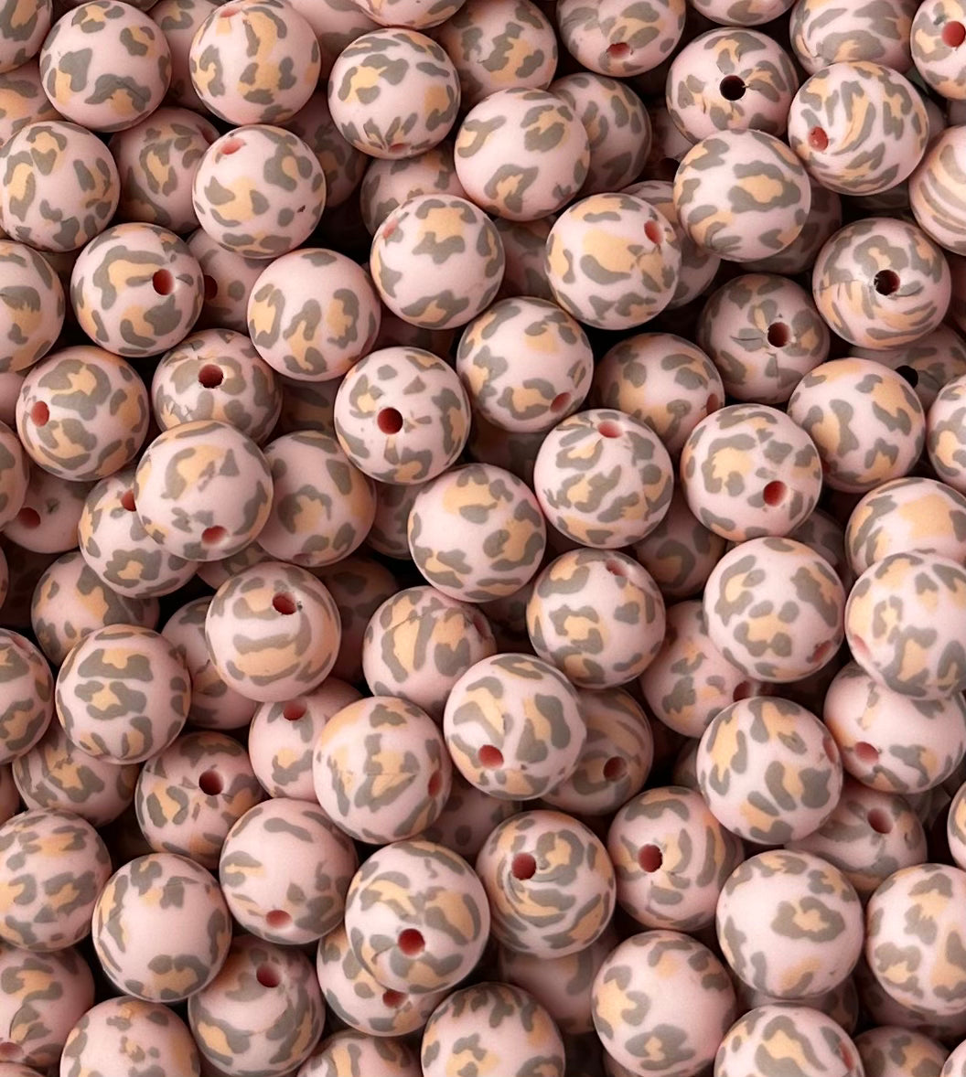 15mm Print Pastel Pink Leopard Round Silicone Beads, Animal Print Beads