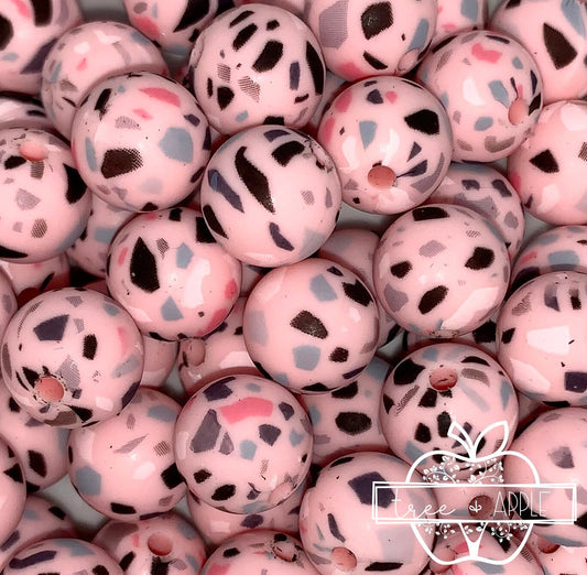 12mm Round Print Pink Terrazzo Silicone Beads