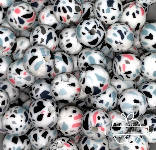 12mm Round White Terrazzo Printed Silicone Beads