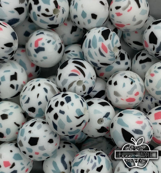 15mm Print White Terrazzo Round Silicone Beads