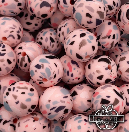 15mm Print Pink Terrazzo Round Silicone Beads