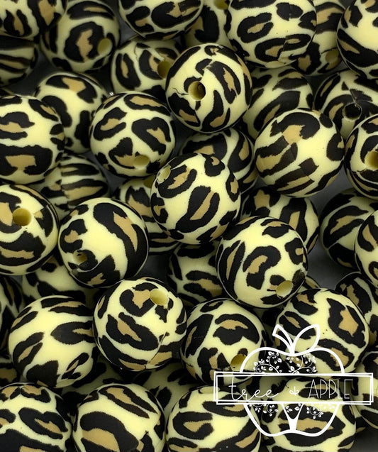 15mm Print Beige Leopard Round Silicone  Beads, Animal Print Beads