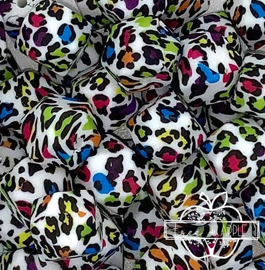 14mm Hexagon Colorful Leopard Printed Silicone Beads, Animal Print Beads