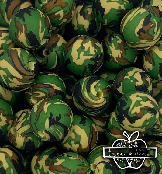 15mm Print Old Camo Army Round Silicone Beads