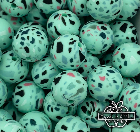 15mm Print Mint Terrazzo Round Silicone Beads