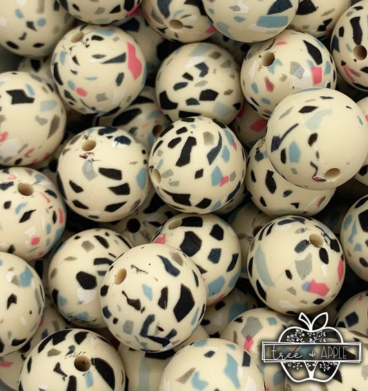 15mm Print Cream Terrazzo Round Silicone Beads