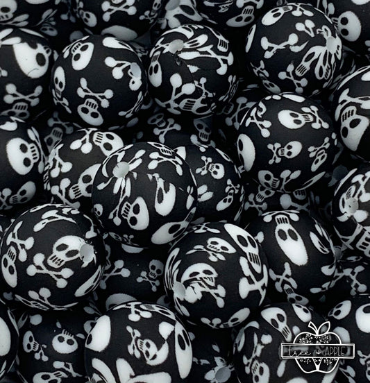 15mm Print Skull Black and White Round Silicone Beads