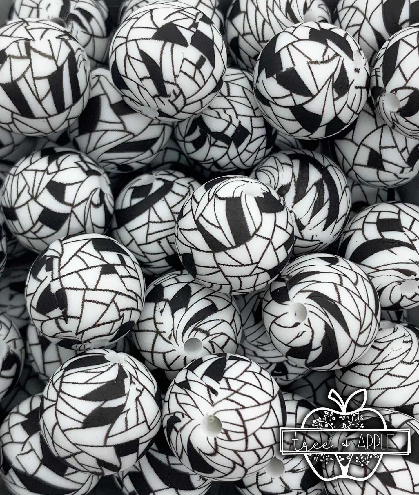 15mm Print Mosaic Black and White Round Silicone Beads