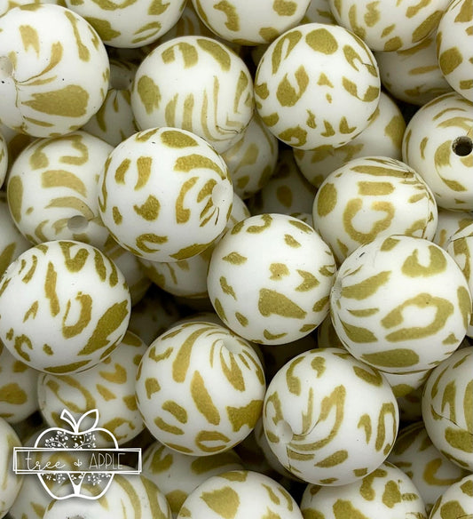 15mm Print Gold Cheetah Round Animal Silicone Beads