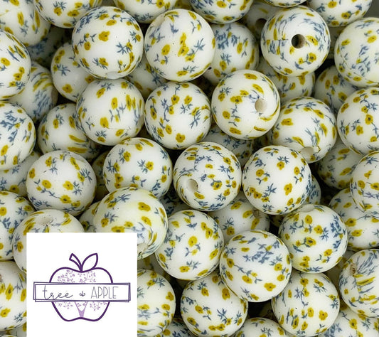 15mm Print Daisy Flower Round Silicone Beads