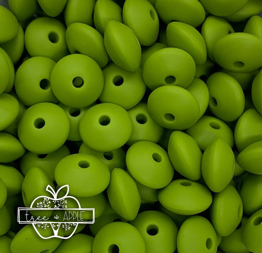 12mm Lentil Solid Pea Green Silicone Beads