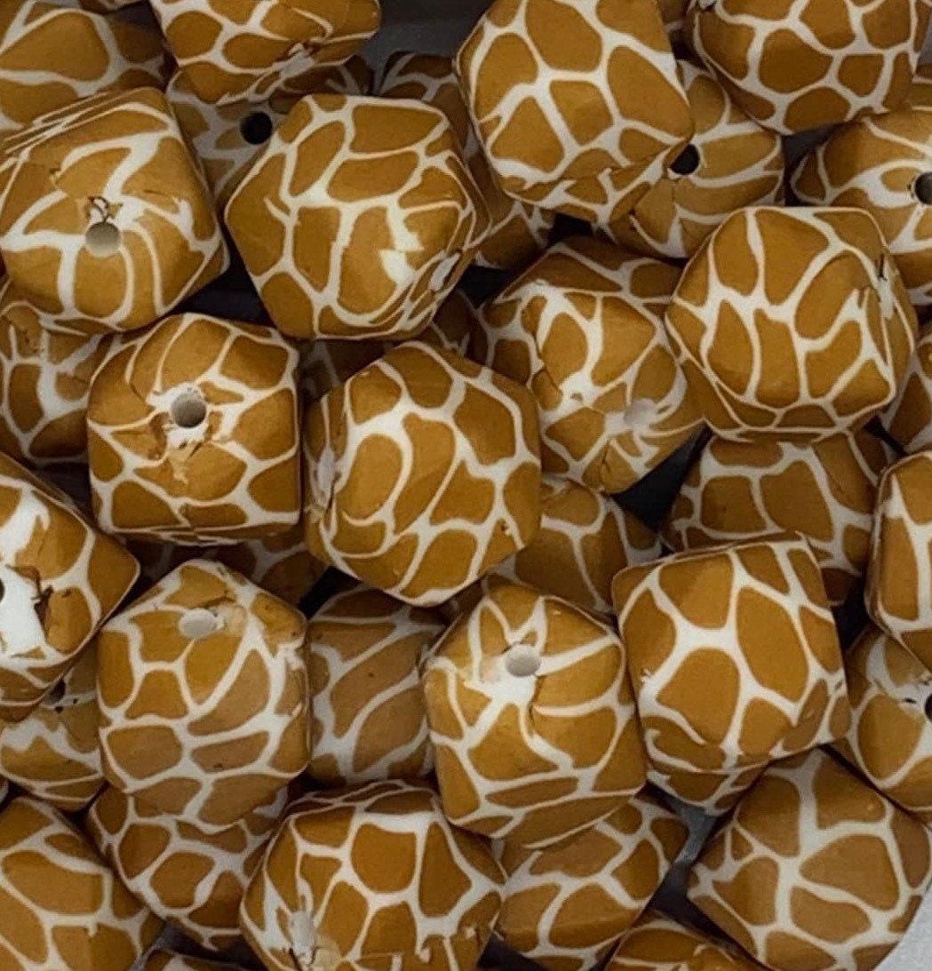 14mm Hexagon Giraffe Animal Printed Silicone Beads