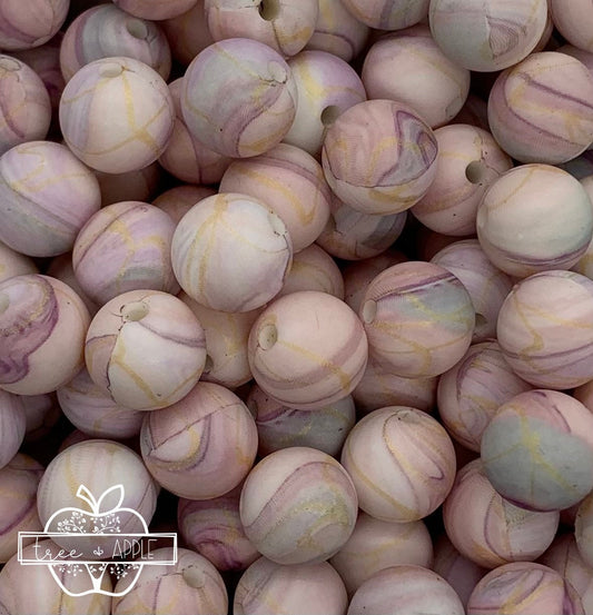 15mm Print Pink Granite Round Silicone Beads