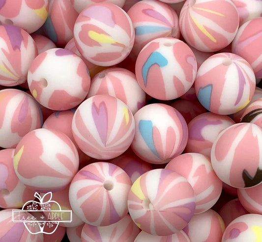 15mm Print Pink Watercolors Round Silicone Beads