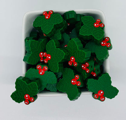 Holly Berry Silicone Focal Bead, Christmas Silicone Bead, Holly Shape Silicone Bead, Leaf Silicone Bead