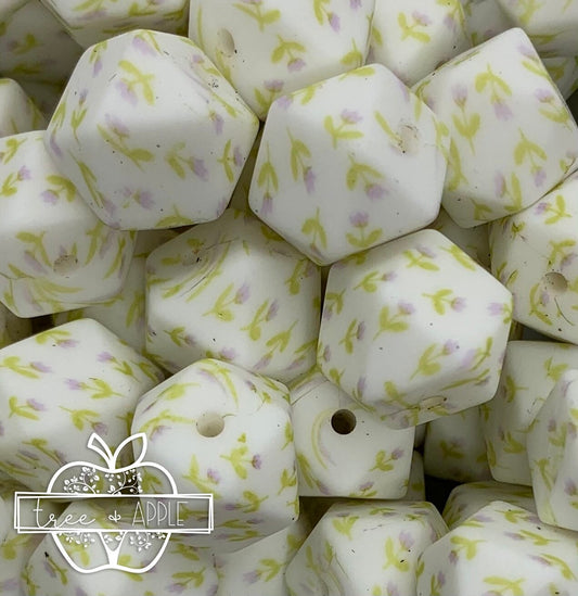 14mm Hexagon Tulip Flower Printed Silicone Beads