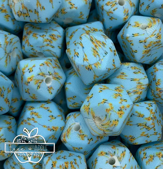 14mm Hexagon Marigold Flower Printed Silicone Beads