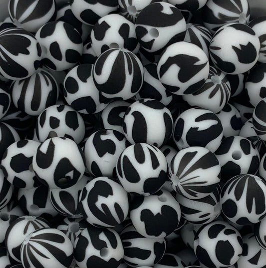 12mm Round Long Spots Cow/ Dalmatian Printed Silicone Beads