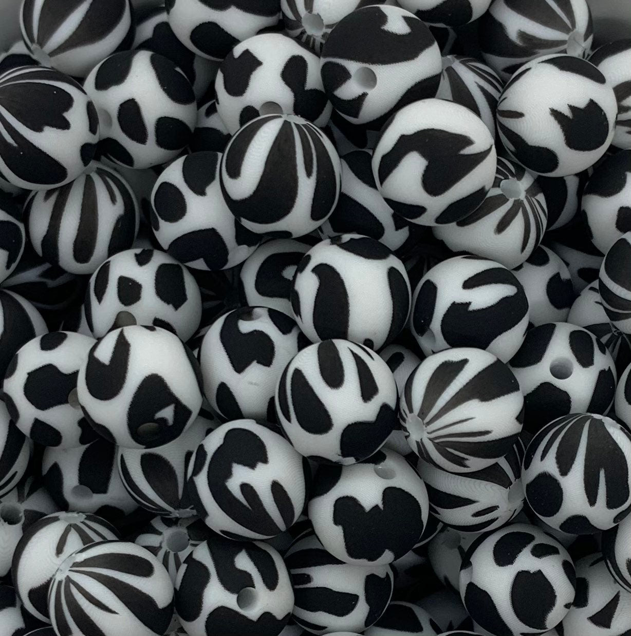 12mm Round Print Long Spots Cow/ Dalmatian Printed Silicone Beads