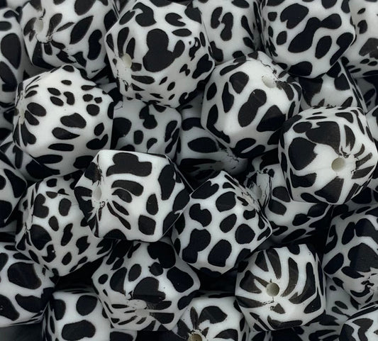 14mm Hexagon Cow / Dalmatian Silicone Beads