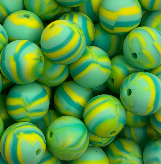 12mm Round Swirl Lemon Lime Silicone Beads