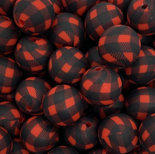12mm Round Print Red Buffalo Plaid Silicone Beads