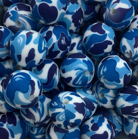 15mm Print Blue Camo Silicone Beads