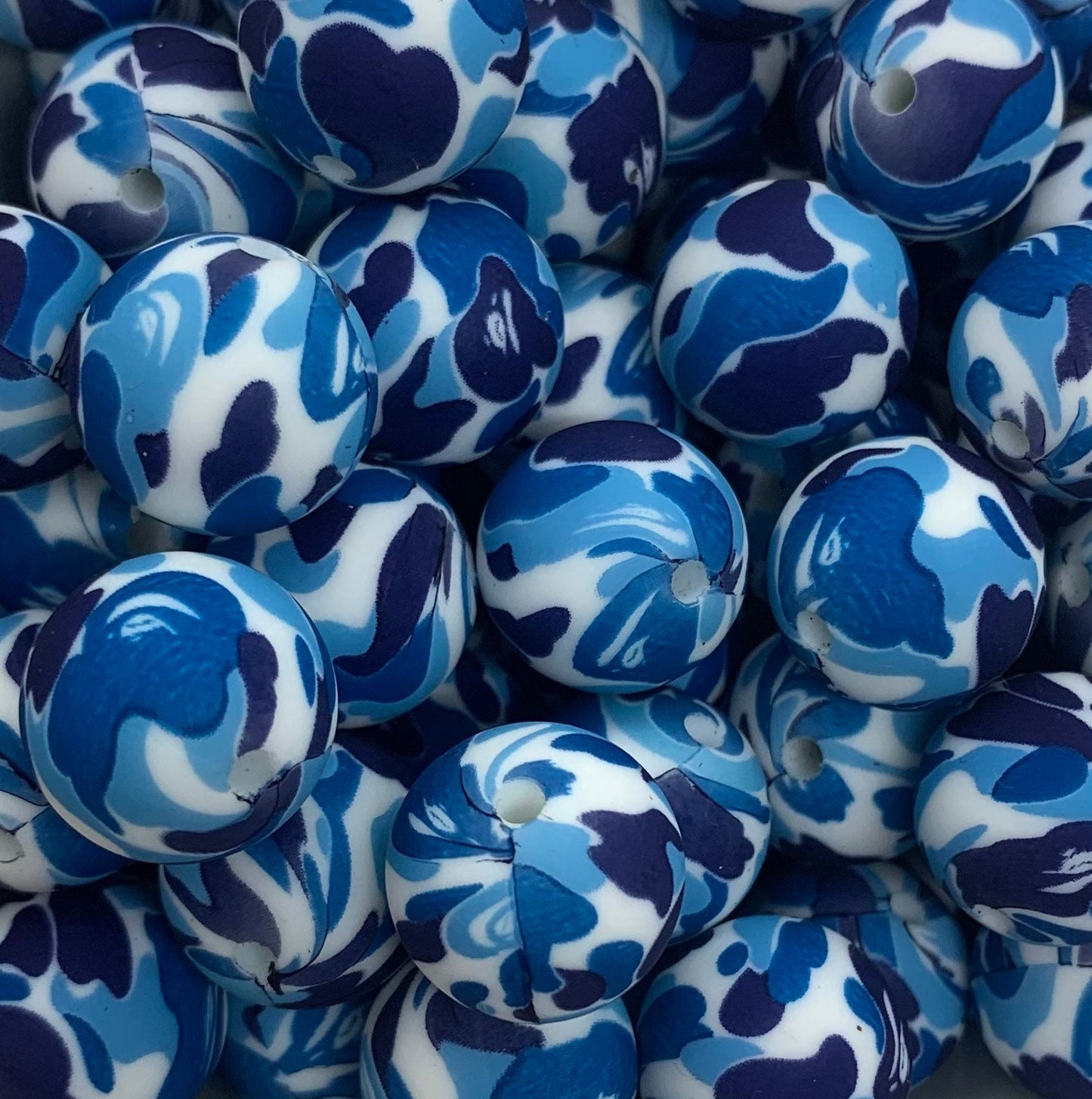 12mm Round Print Blue Camo Silicone Beads