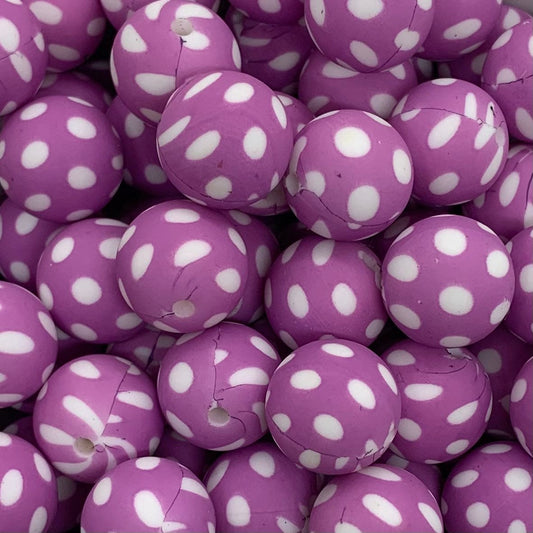 15mm Print Purple Polka Dot Round Silicone Beads