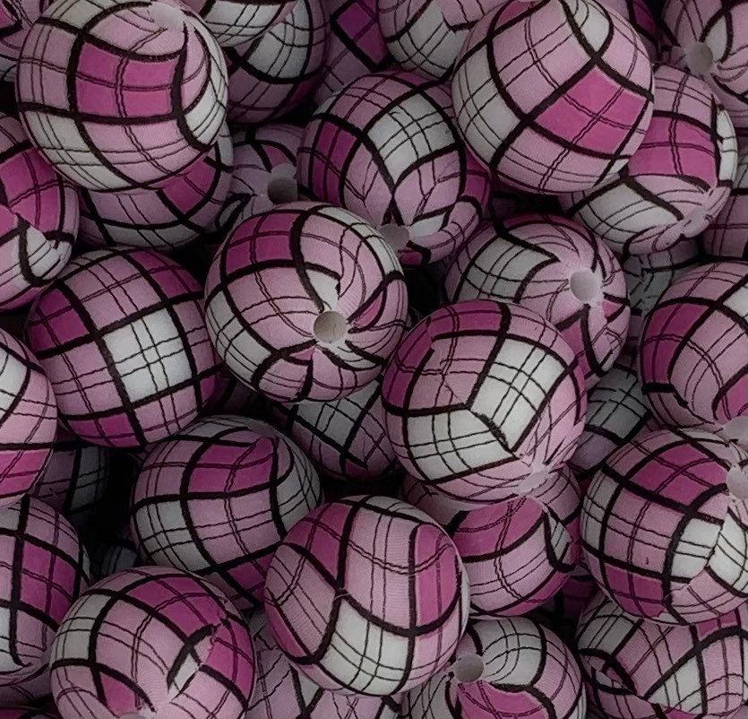 15mm Print Purple and Pink Plaid Round Silicone Beads