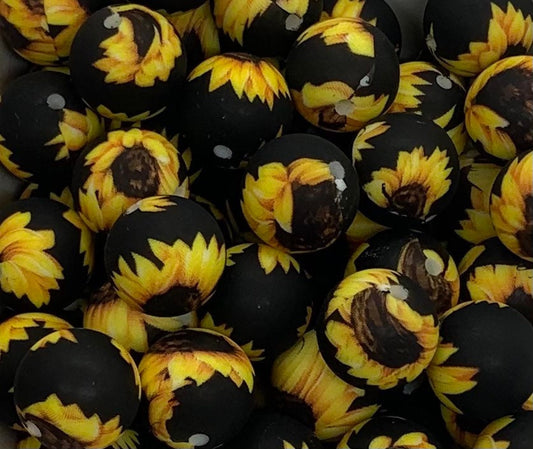 15mm Print Sunflower Round Silicone Beads