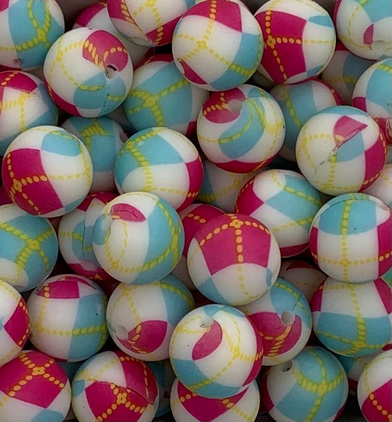 15mm Print Gingham Round Silicone Beads