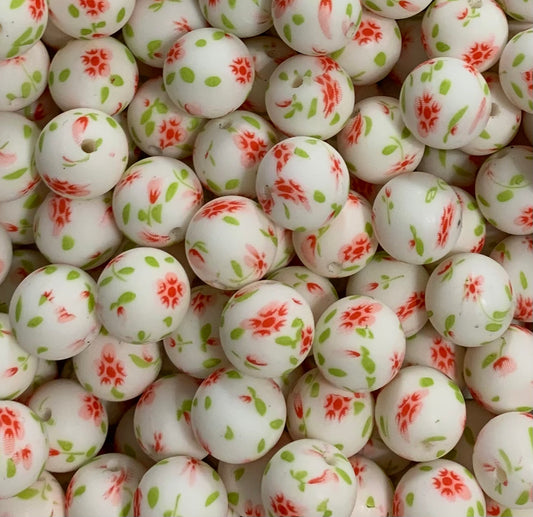 15mm Print Rosy Red Blossom Round Silicone Beads, Flower Silicone Beads