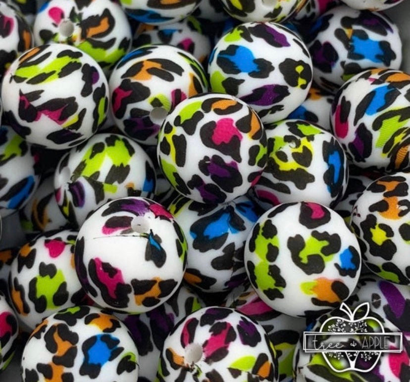 15mm Print Colorful Leopard Round Silicone Beads, Animal Print Round Silicone Beads