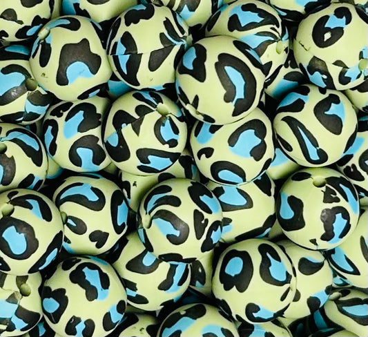 15mm Print Verde Leopard Round Silicone Beads