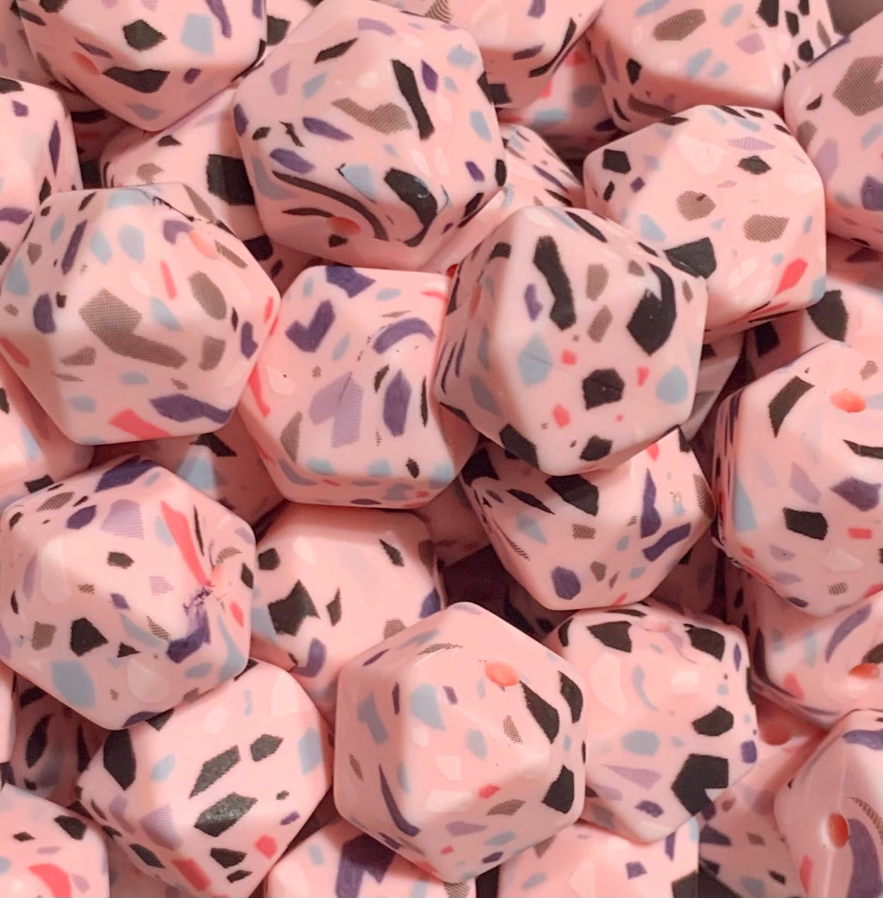 14mm Hexagon Pink Terrazzo Printed Silicone Bead