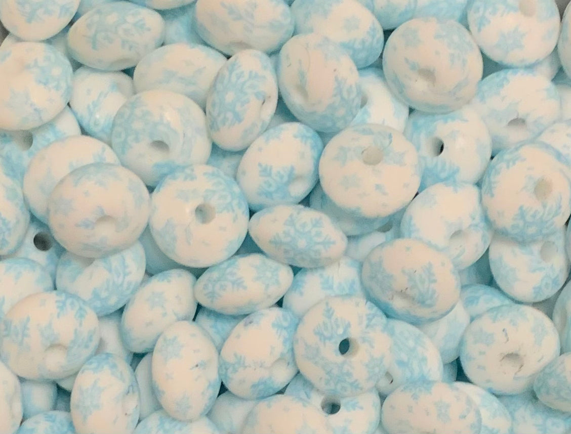 12mm Lentil CUSTOM Blue Snowfall Silicone Beads, Winter Silicone Beads, Christmas Print Beads