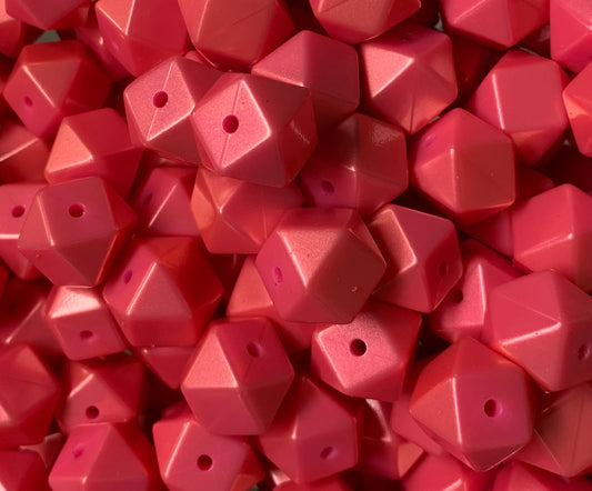 14mm Hexagon Metallic Pink Silicone Beads